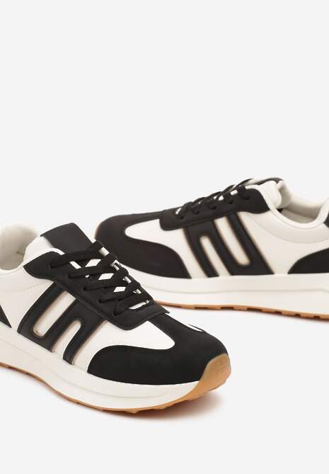 Czarne Sznurowane Sneakersy na Płaskiej Podeszwie Ozdobione Paskami Nevlaia