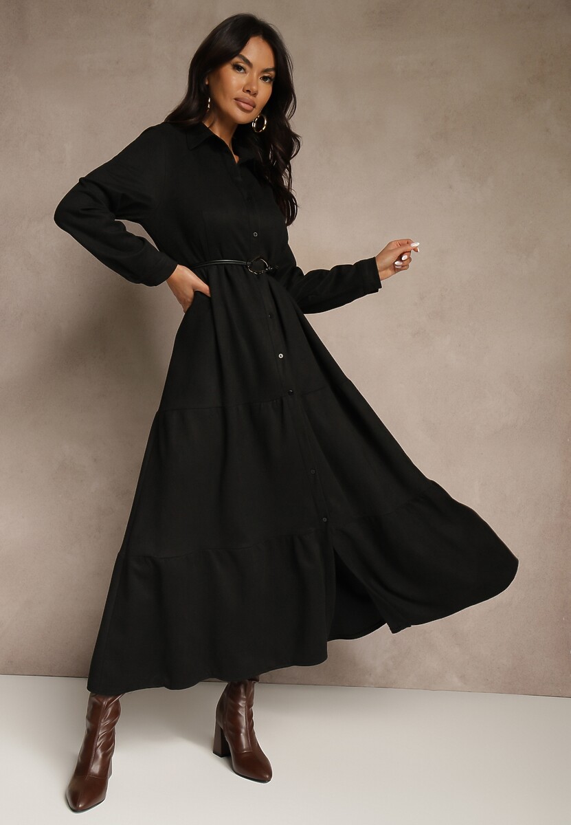 Czarna Sukienka Koszulowa z Wiskozy Ozdobiona Paskiem Retelsa