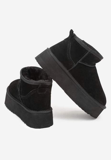 Czarne Wsuwane Śniegowce z Zamszu Naturalnego na Grubej Podeszwie Mevilira