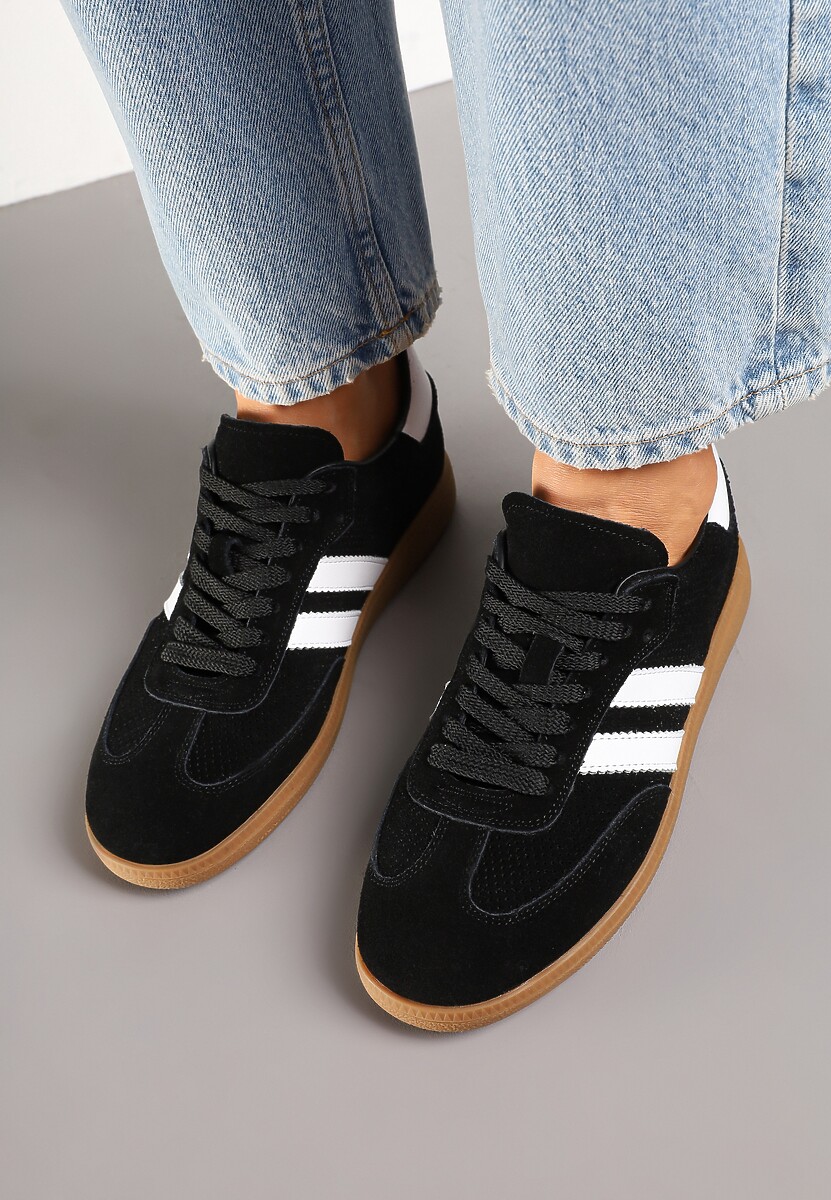 Czarne Sneakersy Tenisówki Skórzane z Paskami Alinira