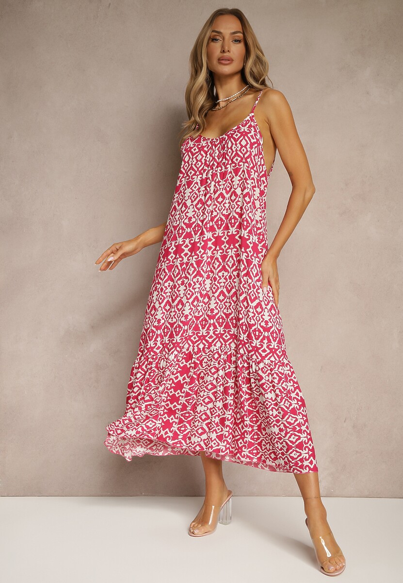 Różowa Bawełniana Sukienka w Geometryczny Wzór Koloniela