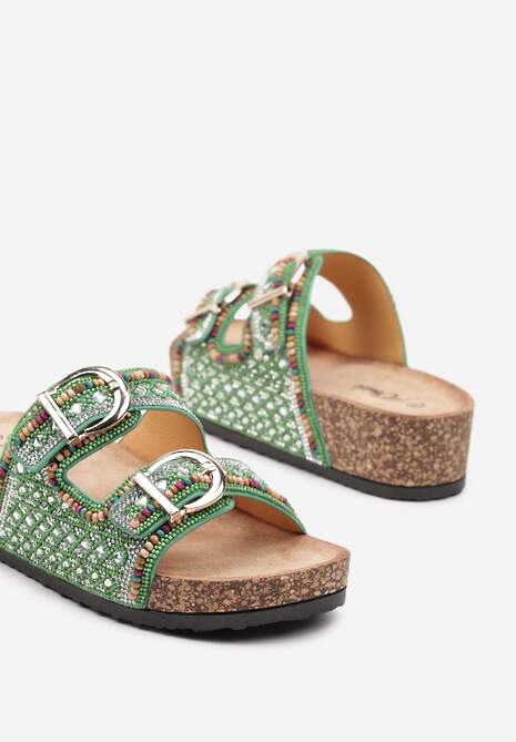 Zielone Płaskie Klapki na Korkowej Podeszwie z Ozdobnymi Klamrami i Koralikami Tinalins