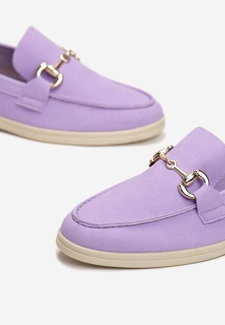 Fioletowe Mokasyny na Płaskiej Podeszwie z Przeszyciami i Ozdobną Klamerką Alenor
