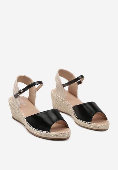Czarne Sandały na Koturnie z Wkładką z Ekoskóry Ozdobione Plecionką z Juty Notesa