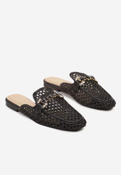 Czarne Klapki Mule z Siateczkową Cholewką Ozdobione Cyrkoniami i Klamrą Nimivina