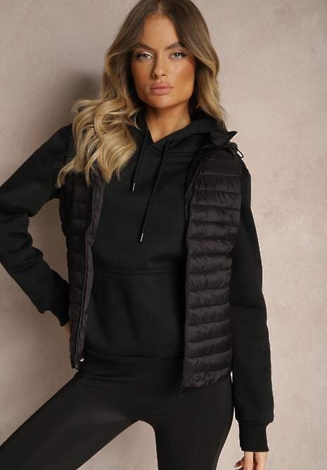 Czarna Rozpinana Kamizelka Pikowana z Odpinanym Kapturem i Kieszeniami Arkathia