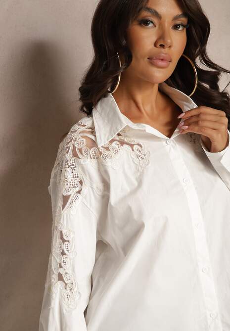 Biała Koszula z Bawełny Ozdobiona Koronką na Rękawach Edestina