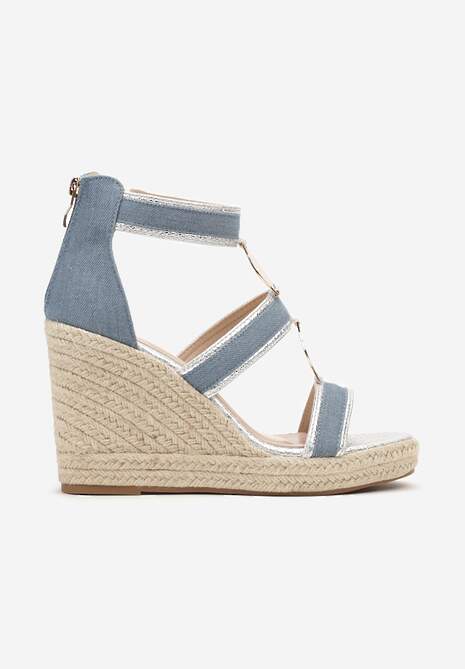 Niebieskie Sandały na Koturnie w Stylu Boho Ozdobione Suwakiem i Metalicznymi Aplikacjami Desvia