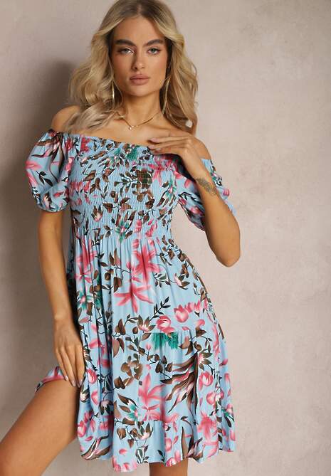 Jasnoniebieska Rozkloszowana Sukienka Mini z Wiskozy w Kwiaty z Falbanką Malinai