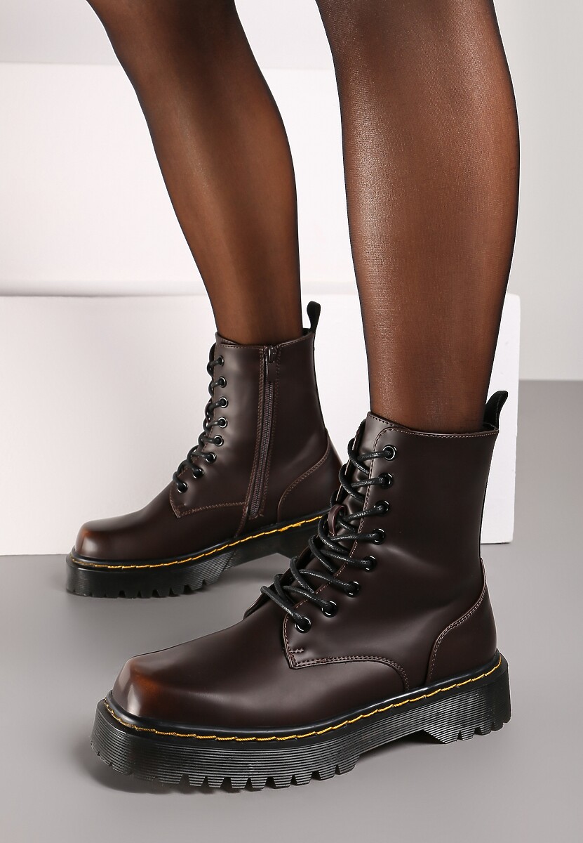 Brązowe Sznurowane Ocieplone Botki na Platformie w Stylu Workerów Crecca