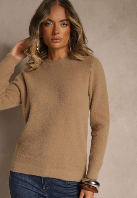 Ciemnobeżowy Sweter z Wełną ze Ściągaczami Furrive