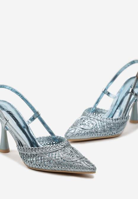 Niebieskie Sandały Sling-Back na Szpilce z Metaliczną Plecionką na Szpiczastym Nosku Nelnutia