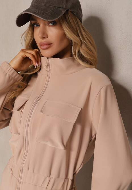 Ciemnobeżowy Kombinezon w Stylu Utility Taliowany Liarael