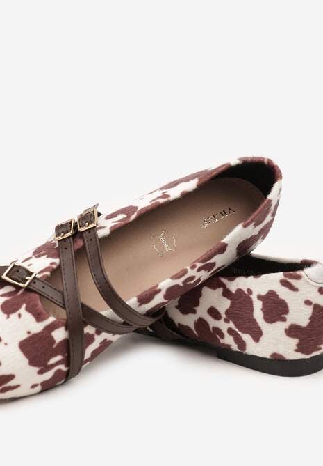 Brązowo-Białe Balerinki Vices Mary Jane w Krowie Łaty z Wkładką ze Skóry Naturalnej Rilomia