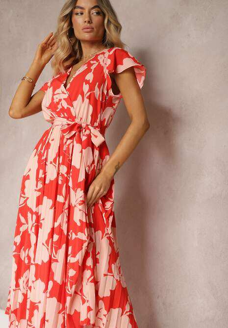 Czerwona Kopertowa Plisowana Sukienka Koktajlowa z Gumką i Paskiem w Talii Benelsea