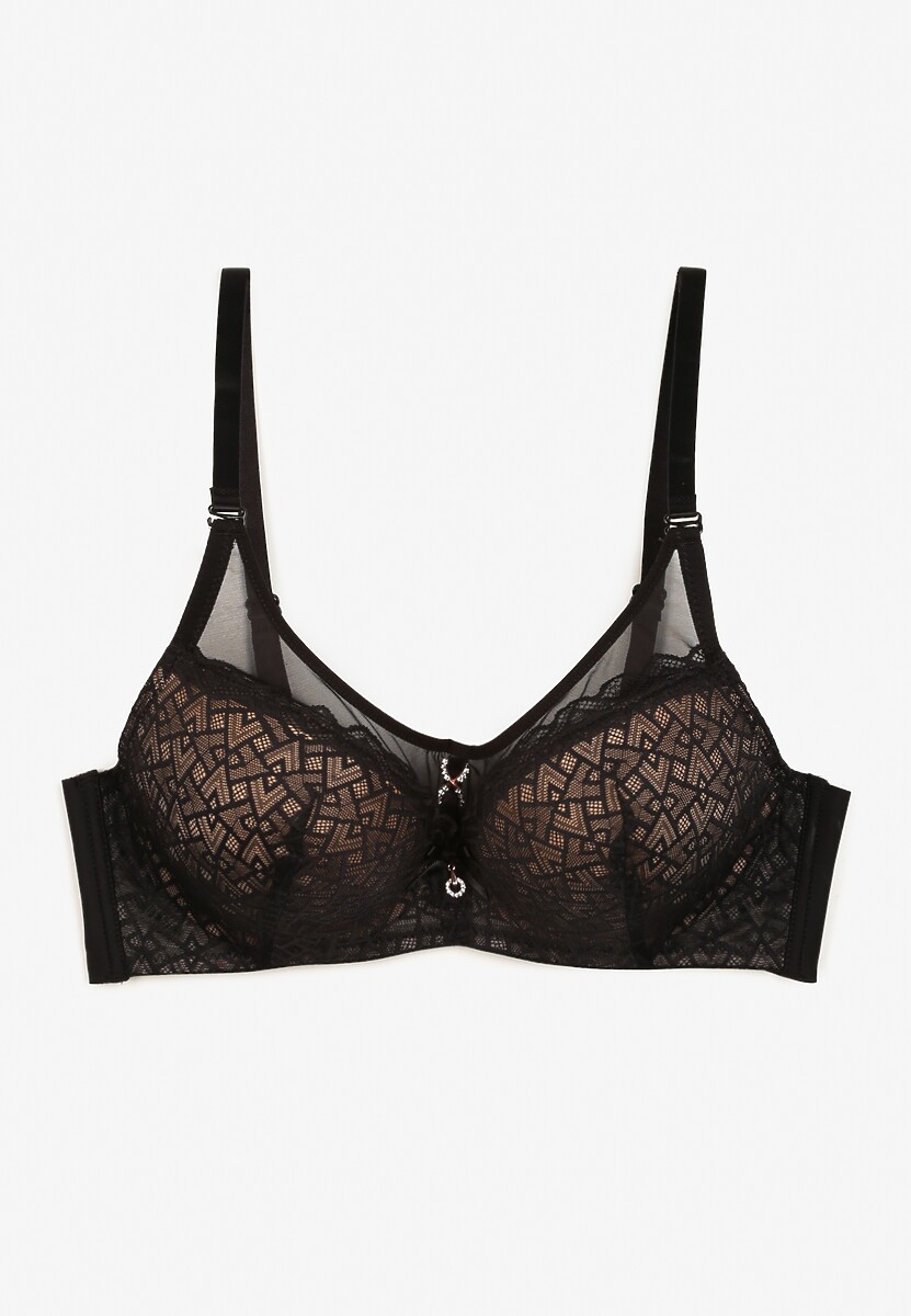 Czarno-Beżowy Koronkowy Biustonosz Push-Up Evantia