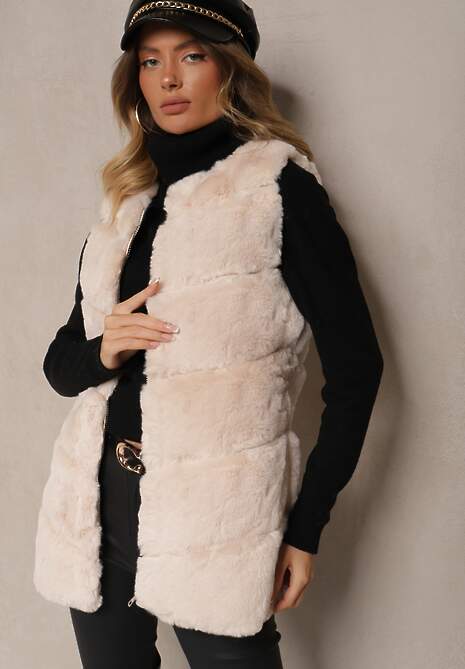 Jasnobeżowa Kamizelka Futerko Auxomene