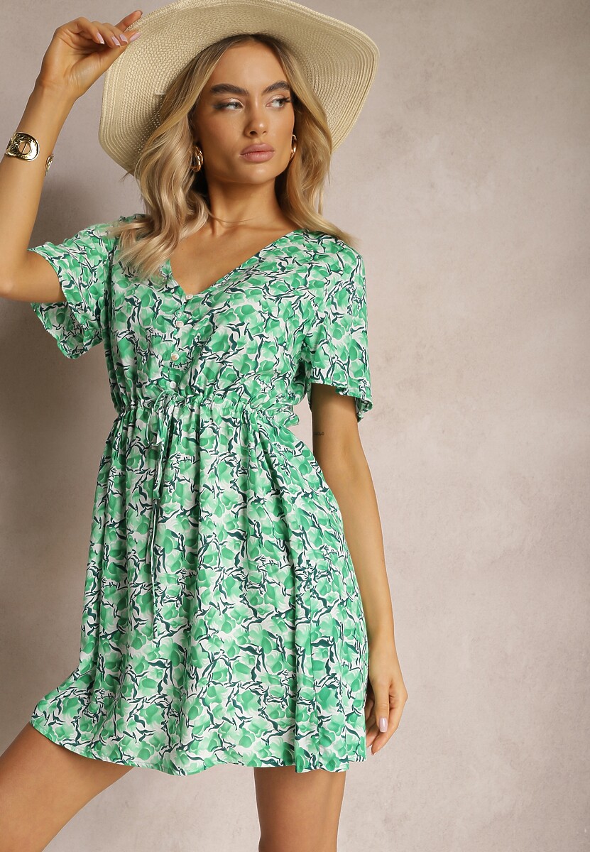 Zielona Wiskozowa Sukienka ze Sznureczkiem w Talii z Krótkimi Rękawami i Mozaikowym Printem Travei