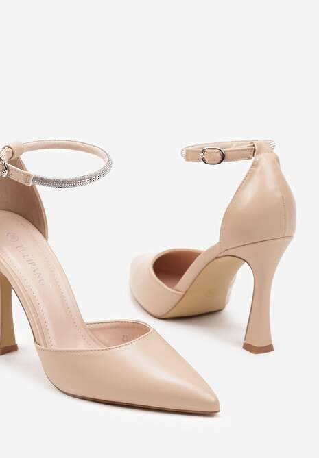 Beżowe Szpilki Klepsydrowe z Paskiem Ozdobionym Cyrkoniami Keramla