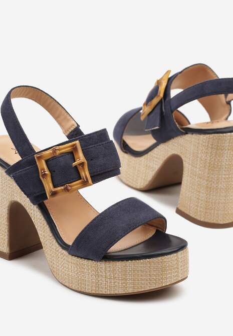 Niebieskie Sandały na Słupku i Platformie Ozdobione Klamrą Clezara