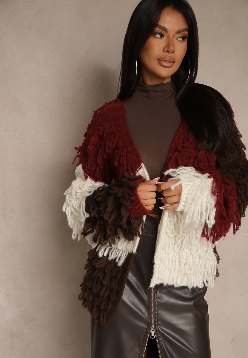 Beżowy Kardigan Bez Zapięć z Domieszką Wełny Zdobiony Imitacją Piór Lanitia