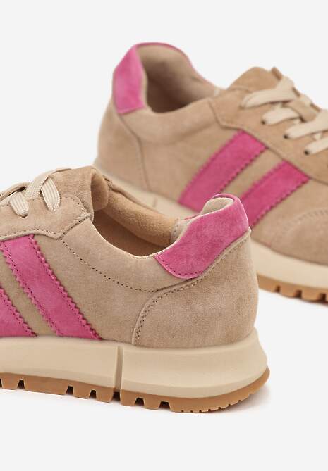 Beżowo-Fuksjowe Sneakersy ze Skóry Naturalnej z Paskami Kiarre