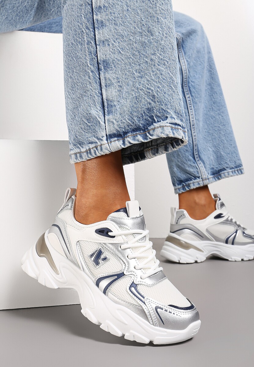 Biało-Srebrne Sznurowane Sneakersy z Ekoskóry na Grubej Podeszwie z Siateczkową Wstawką Aldaria