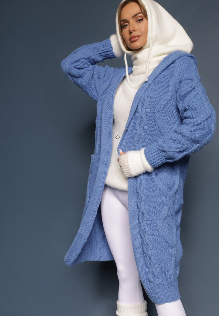Niebieski Kardigan o Długim Fasonie z Kapturem i Kieszeniami Oricyna