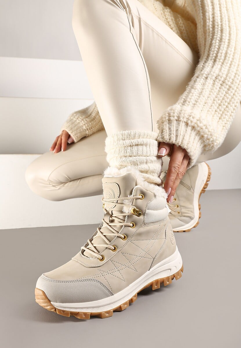 Beżowe Traperki na Tłoczonej Platformie ze Sznurowaniem Zinlatta