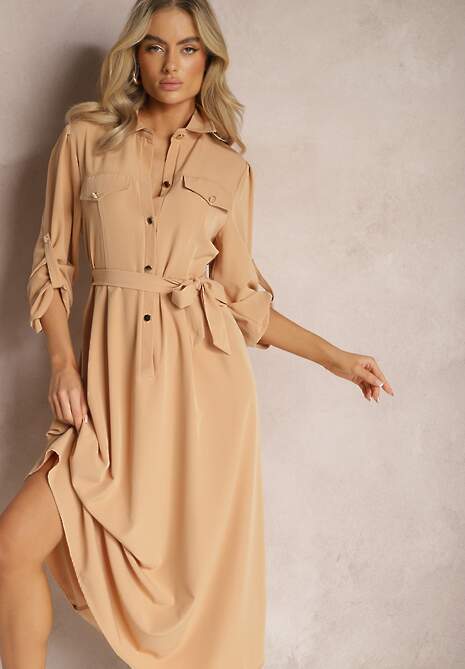 Beżowa Długa Sukienka z Rozkloszowanym Dołem i Koszulową Górą Kitesi