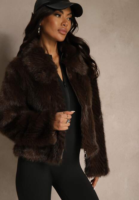 Brązowa Klasyczna Kurtka Futerko z Zapięciem na Zamek Błyskawiczny Tuswella