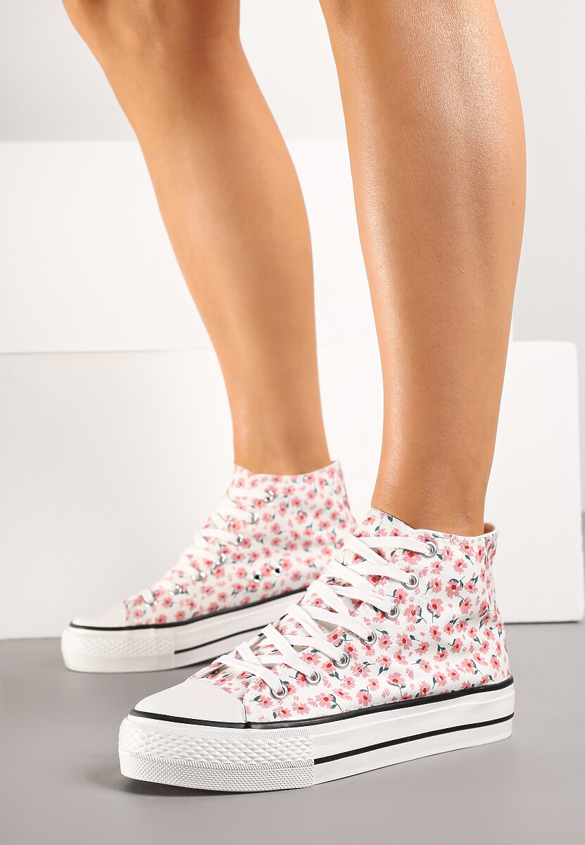 Różowe Trampki z Wysoką Cholewką Zdobione Kwiatowym Printem Folellia
