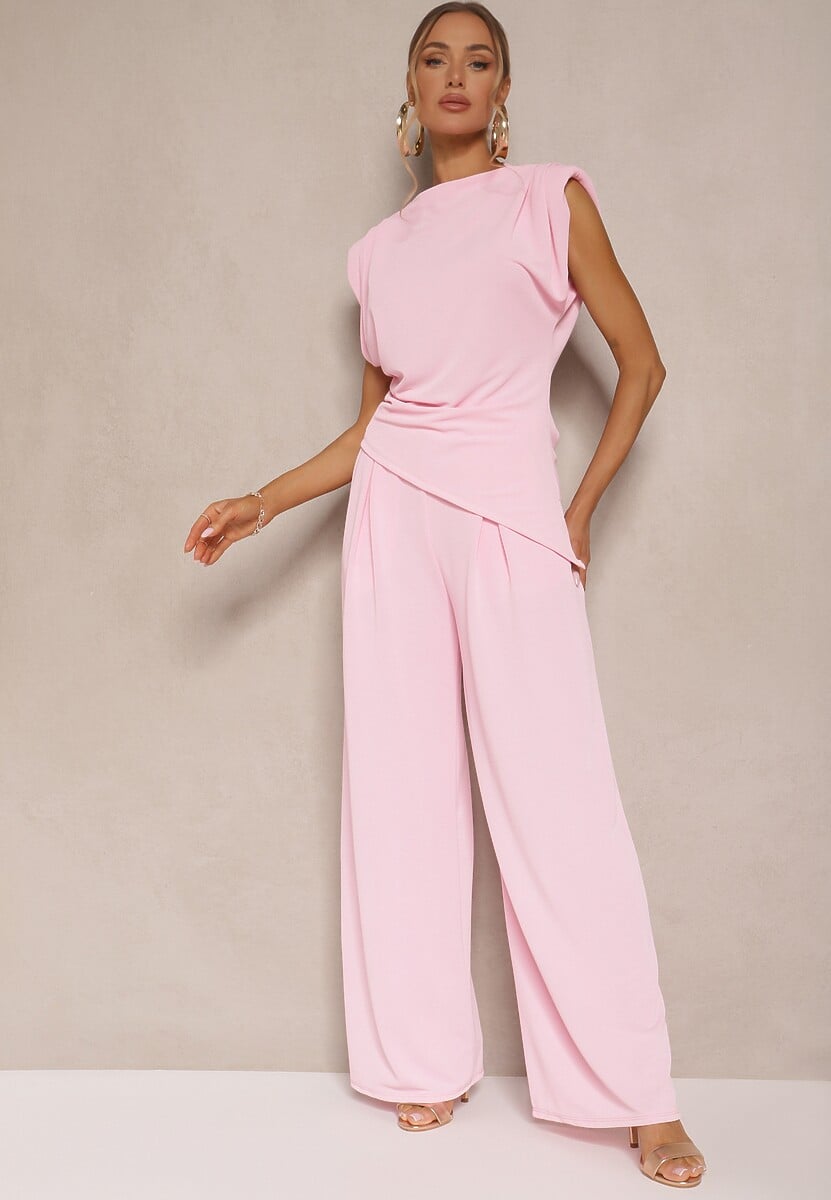 Czarny Komplet Bluzka z Poduszkami w Ramionach i Proste Spodnie z Gumką w Pasie Divanes