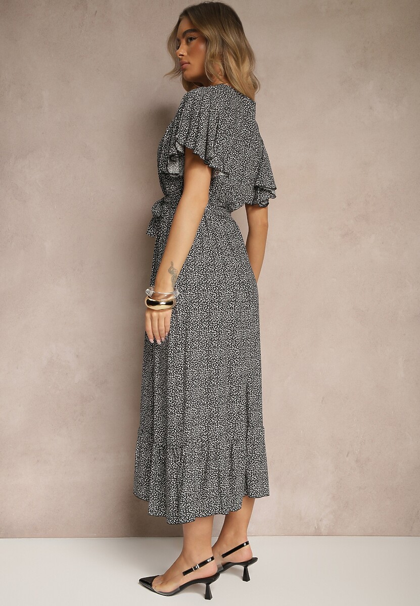 Czarna Sukienka z Bawełny z Kopertowym Dekoltem i Paskiem Hulinea