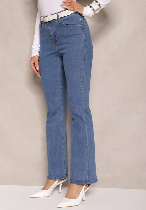 Niebieskie Jeansy z Bawełną High Waist o Fasonie Dzwonów Celinsse