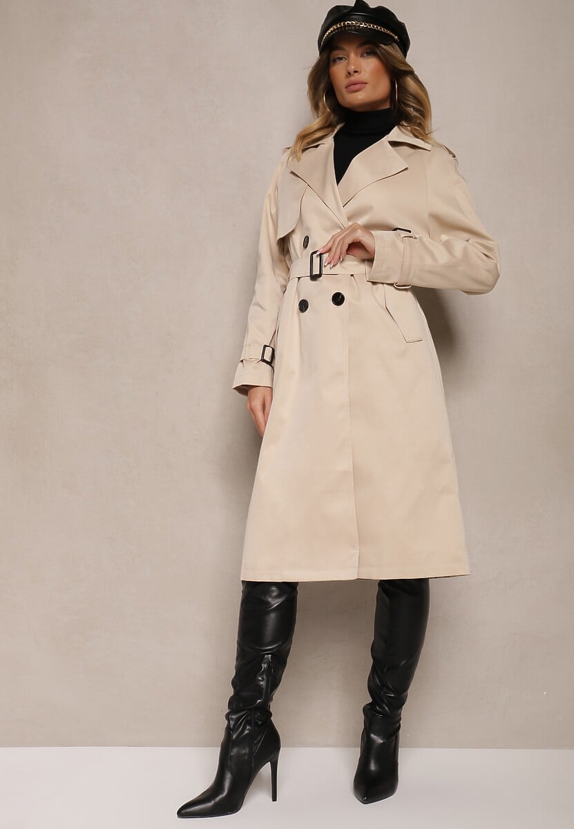 Beżowy Długi Płaszcz Trencz Dwurzędowy z Paskiem w Komplecie Sabila