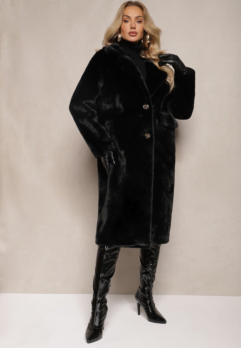 Czarny Płaszcz z Futra z Zapięciem na Guziki i Wsuwanymi Kieszeniami Paritha