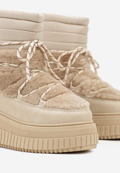 Ciemnobeżowe Śniegowce na Platformie z Tłoczeniem Ozdobione Futerkiem i Pikowaniem Adallie