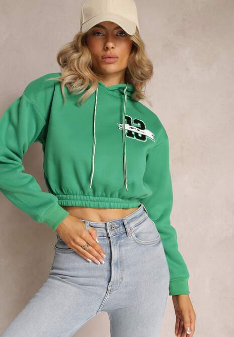 Zielona Krótka Bluza z Kapturem Ściągaczami i Ozdobnym Nadrukiem Relis