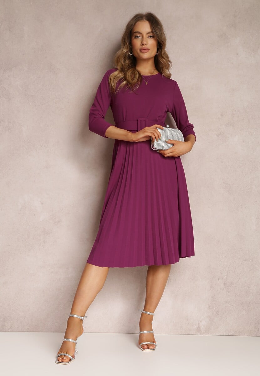 Fioletowa Sukienka Plisowana z Paskiem Valffe