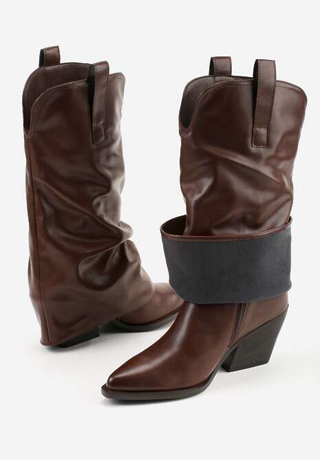 Ciemnobrązowe Kozaki Kowbojki na Stożku z Wywiniętą Marszczoną Cholewką Escana