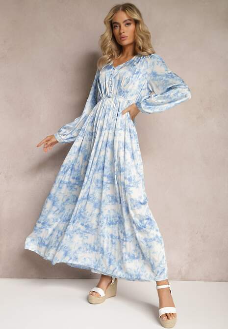 Jasnoniebieska Maxi Sukienka o Rozkloszowanym Fasonie z Guzikami Savienna