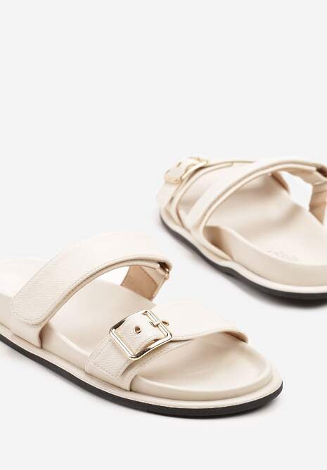 Beżowe Klapki Ozdobione Dwoma Paskami Navinma