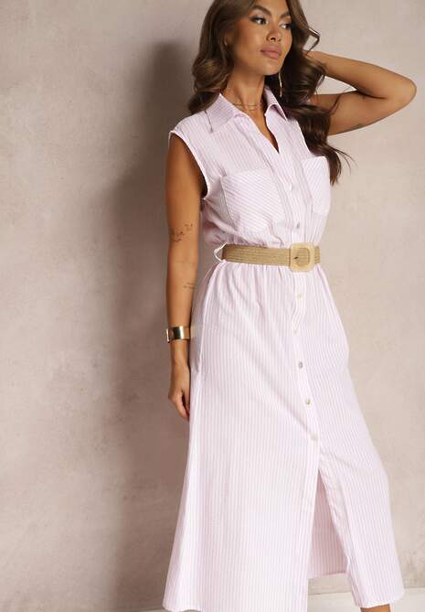 Różowa Koszulowa Sukienka z Bawełny Bez Rękawów z Paskiem i Gumką w Talii Zalorea