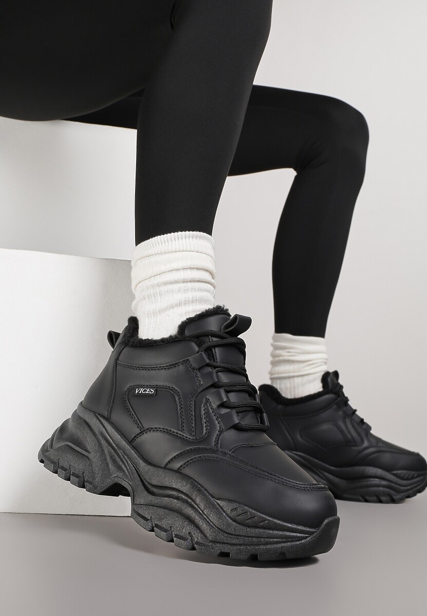 Czarne Streetwearowe Sneakersy Vices Chunky  w Stylu Traperów na Platformie Leate