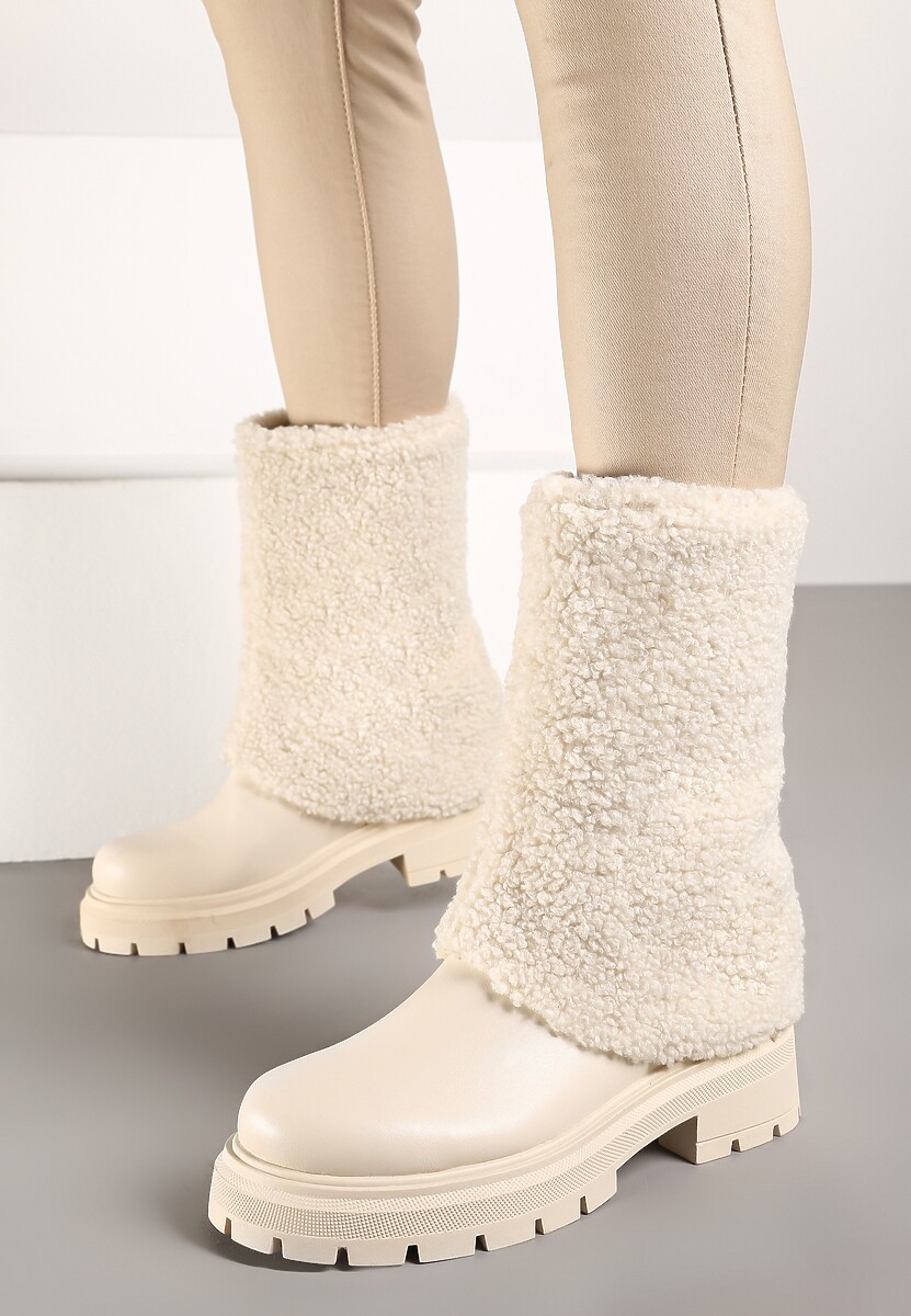 Beżowe Botki na Platformie z Tłoczeniem i Cholewką z Futerkiem Emilith
