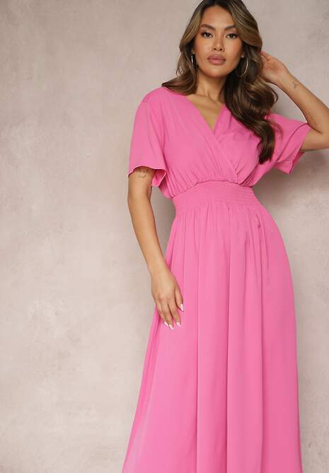 Różowa Rozkloszowana Sukienka Długa o Kopertowym Kroju Alarava