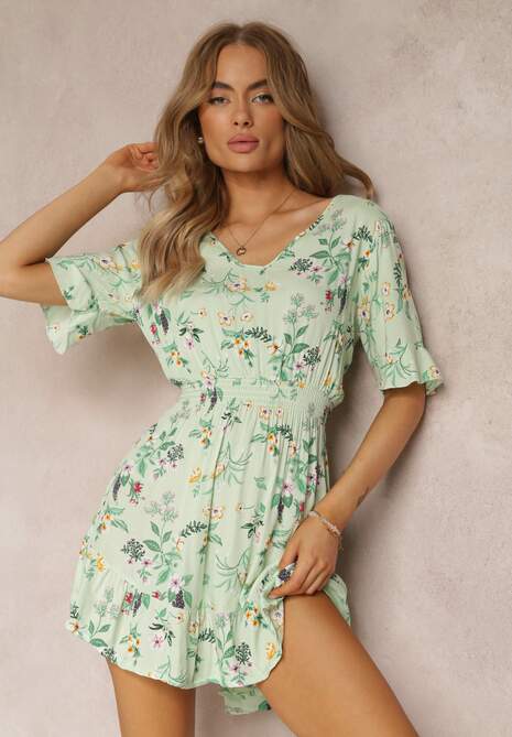 Jasnozielona Sukienka w Kwiatowy Wzór z Wiskozy z Gumką w Talii Dahlie