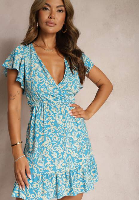 Niebieska Sukienka z Bawełny o Rozkloszowanym Kroju Ozdobiona Falbanami i Gumką w Talii Neliaura