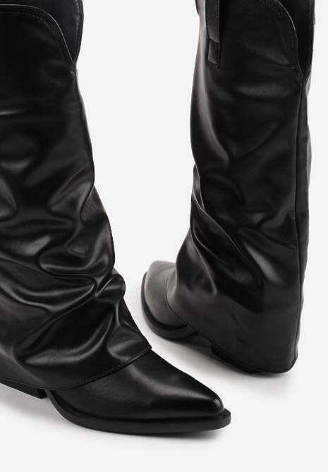 Czarne Kozaki Kowbojki na Stożku z Wywiniętą Marszczoną Cholewką Escana